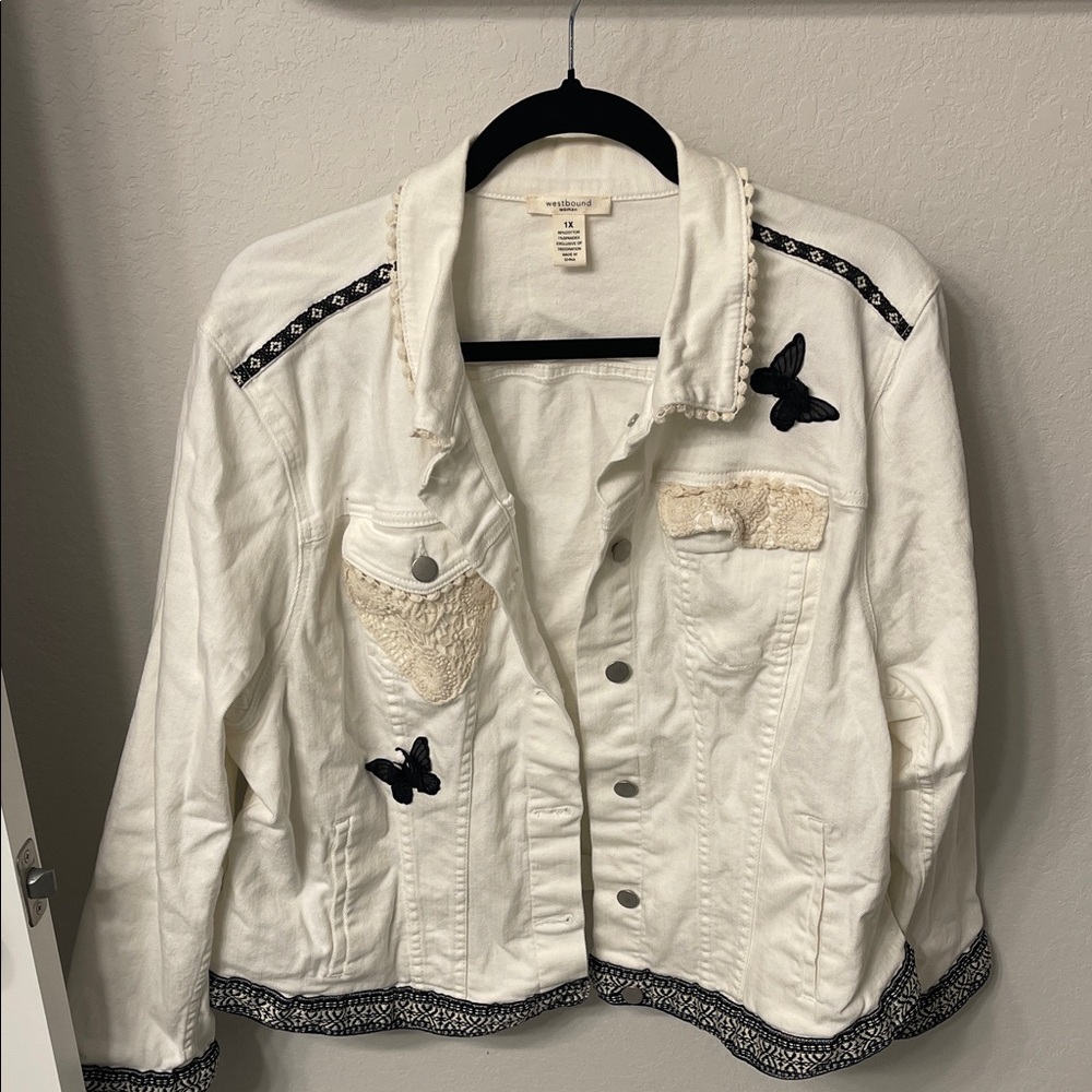 Women's White Denim Jacket with Black Accents